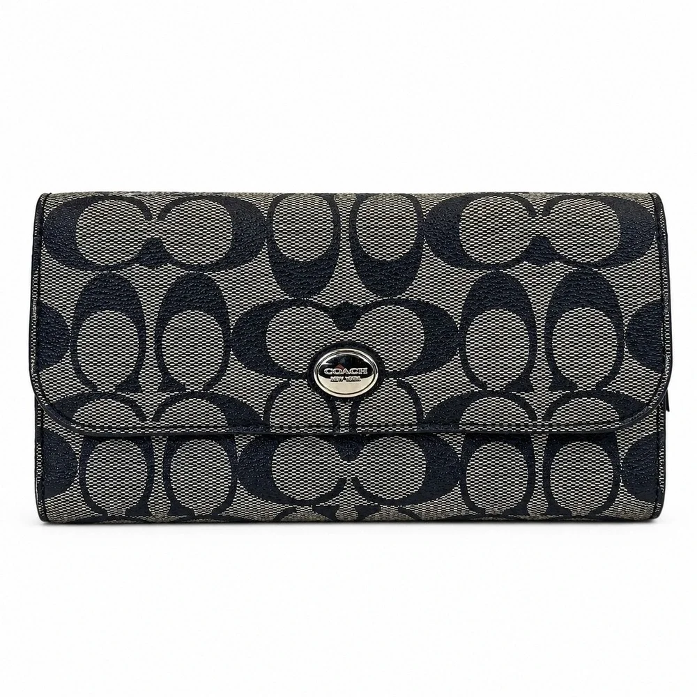 Coach Peyton Signature Jacquard Trifold Checkbook Wallet Black Gray Zip Clutch - Picture 2 of 11
